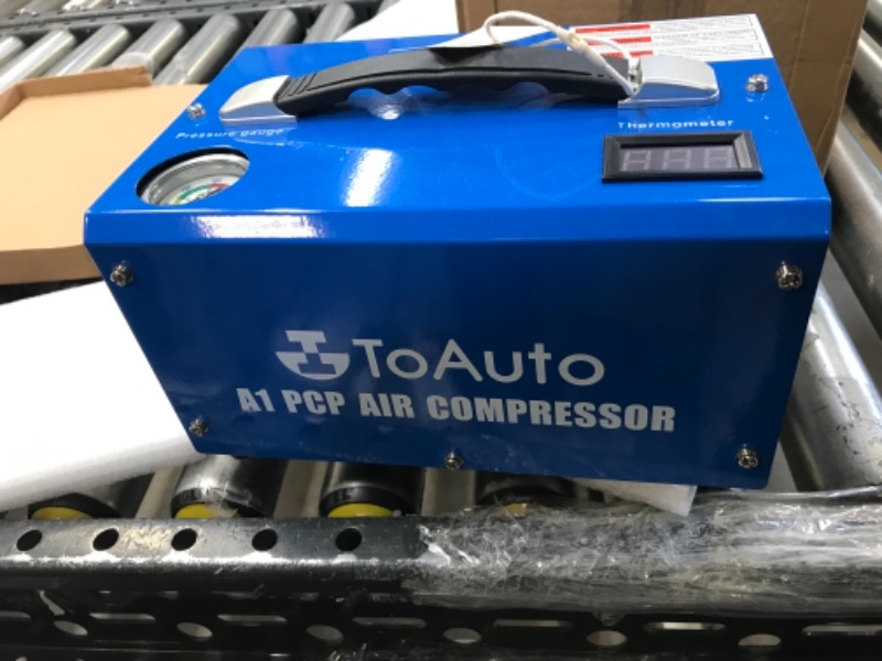 Photo 2 of TOAUTO A1 PCP Air Compressor,4500Psi 30Mpa, Water/Oil-Free, One Button Start, Bursting disc, Powered by Car 12V DC or Home 110V AC with Adapter HPA Compressor for Paintball/PCP Rifle/Mini Scuba Tank A1-us - missing all accessory parts 