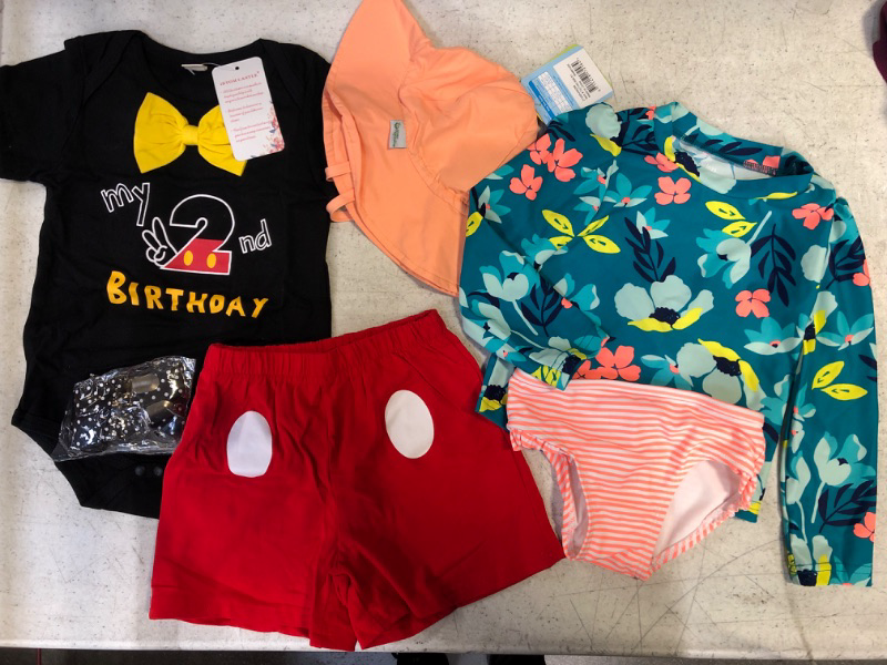 Photo 1 of KIDS CLOTHING BUNDLE: 2ND BIRTHDAY 3PC (ONESIE, SHORTS, SUSPENDERS); PEACH SUN HAT UPF PROTECTION (0-6MO); SWIMSUIT 2T