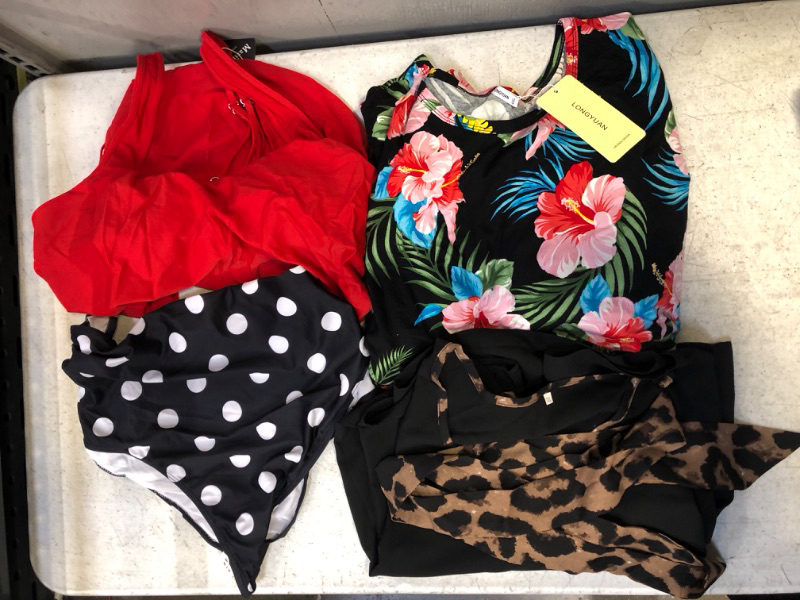 Photo 1 of 3-ITEM WOMENS CLOTHING BUNDLE: 3XL SWIMSUIT; 3XL BLACK SHIRT-DRESS WITH BELT; 4XL FLOWER DRESS