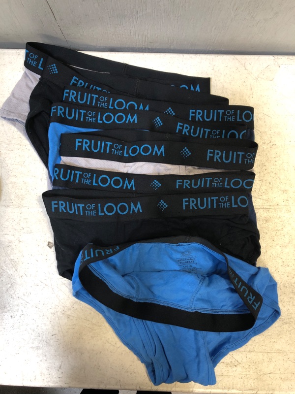 Photo 2 of 8-PACK FRUIT OF THE LOOM MENS BRIEFS LARGE ASSORTED COLORS BLUE/GREY/BLACK *STOCK PHOTO SHOWS 4; ACTUAL PACK OF 8* SEE LIVE PHOTO FOR ACCURATE COLORS **