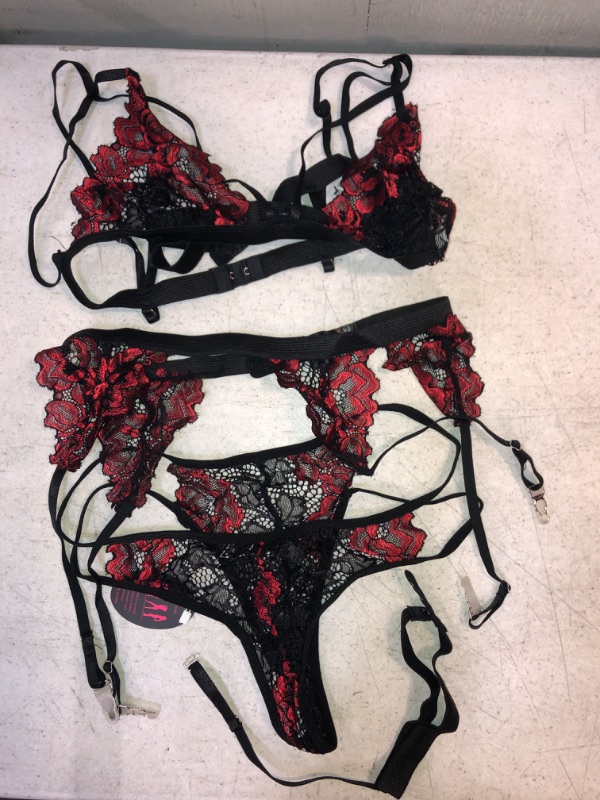 Photo 3 of 2-PIECE WOMENS BUNDLE SEXY COSTUME LACE OUTFITS: NO SIZE FRENCH MAID UNIFORM; BLACK AND RED SET WITH GARTER