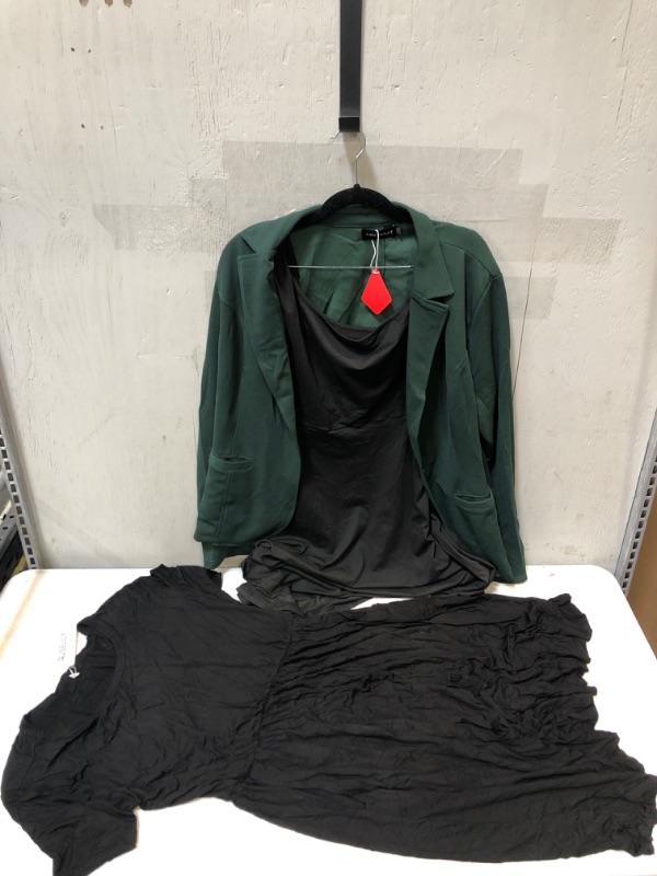 Photo 1 of 3-PIECE WOMENS CLOTHING BUNDLE :: SIZE 2XL, BLACK SHIRT, GREEN BLAZER, BLACK DRESS WITH POCKETS