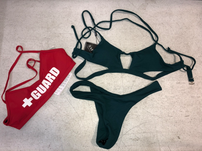 Photo 1 of 2-ITEM WOMENS SWIMWEAR BUNDLE: SIZE SMALL; 1 RED LIFEGUARD TOP; 1 GREEN BIKINI SET, BOTH WITH TAGS