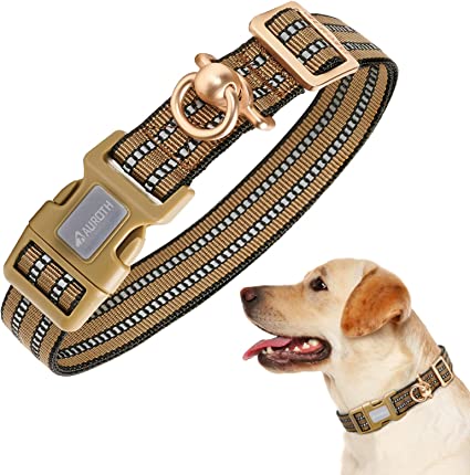 Photo 1 of Auroth Dog Collar for Medium Large Dogs, Reflective Dog Collar, Soft Nylon Adjustable Dog Collars with Heavy Duty Metal D Ring Tangle Free (Large:15.7"-27.1", Army Yellow)
