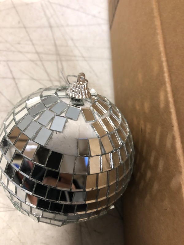 Photo 3 of 12 Pack 4 Inch Mirror Disco Ball Decorations Small Silver Hanging Ornaments Reflective with Attached String for Ring DJ Stage Lighting Effect for Christmas School Festival Fun 50s 60s 70s Party Decor