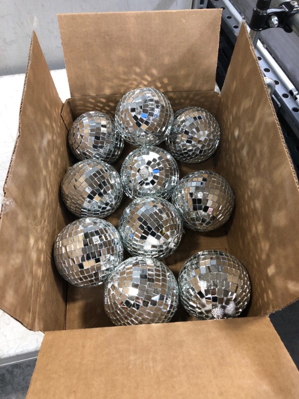 Photo 2 of 12 Pack 4 Inch Mirror Disco Ball Decorations Small Silver Hanging Ornaments Reflective with Attached String for Ring DJ Stage Lighting Effect for Christmas School Festival Fun 50s 60s 70s Party Decor