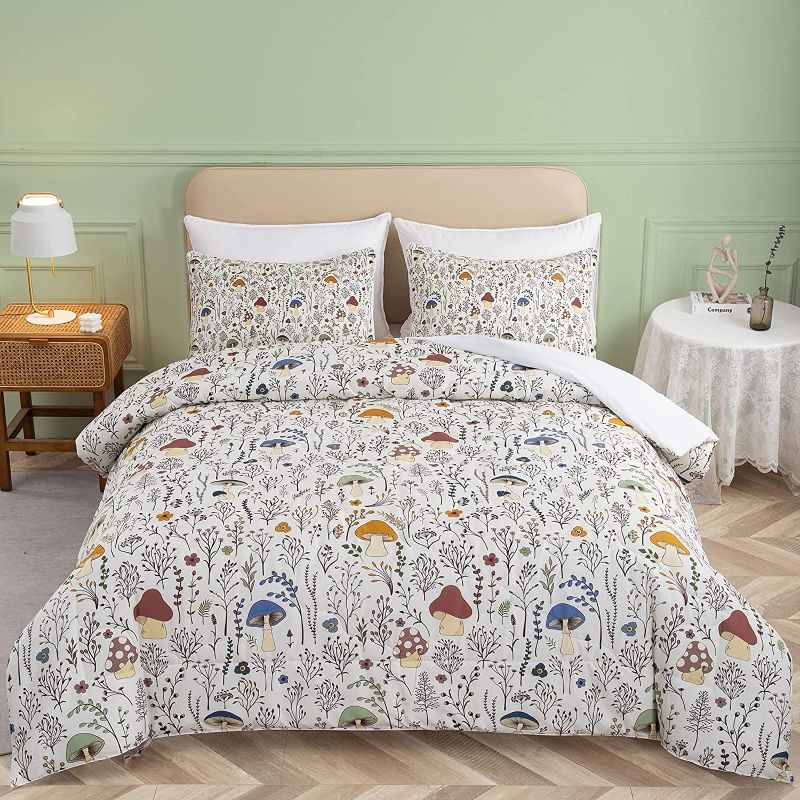 Photo 1 of .SOULZZZ Mushroom Comforter Set 3 Piece, Colorful Mushroom Decor Queen Bedding with Plants and Flowers, Aesthetic Kawaii Room Decor Comforter for Kids Adults Boys Girls, Queen, Cream