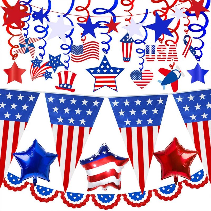 Photo 1 of 18 Pack Patriotic Decorations USA American Flag Pennant Banner Patriotic Hanging Swirl Decorations Patriotic Star Foil Balloons Red White Blue Star Banner Garland for 4th of July Memorial Day
