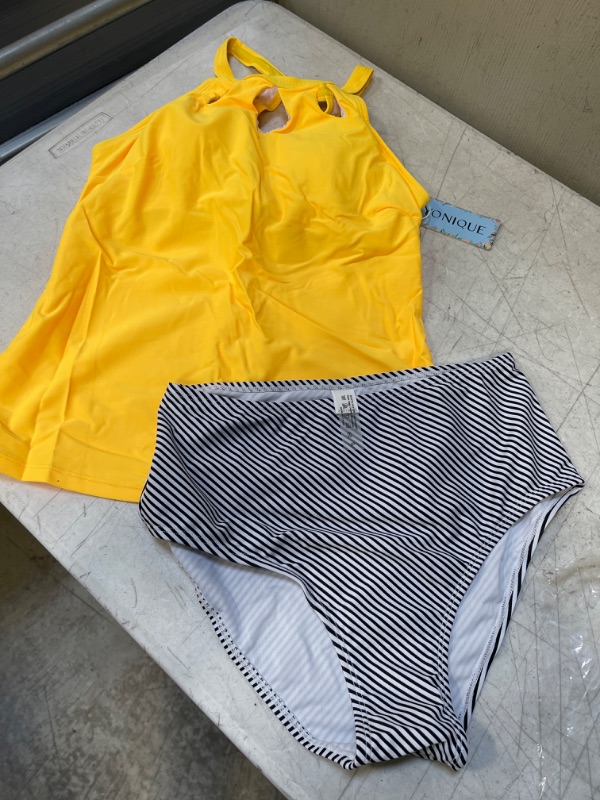 Photo 1 of 2 PC SWIMSUIT, YELLOW TOP, PIN STRIPPED HIGH WAIST BOTTOMS
SIZE M