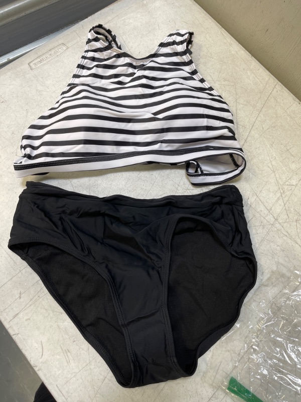 Photo 1 of 2 PC SWIMSUIT, STRIPPED TOP AND BLACK BOTTOMS, SIZE M