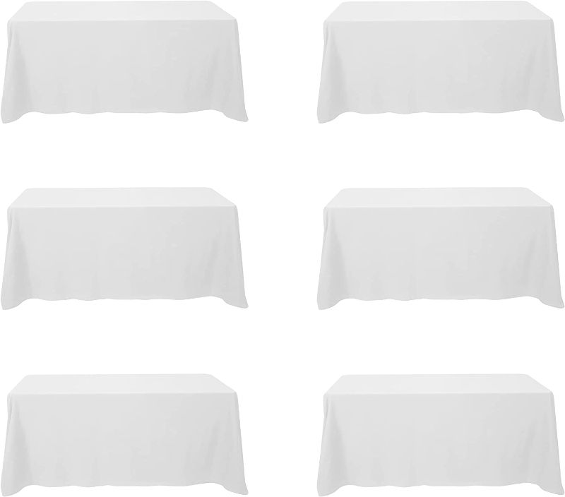 Photo 1 of 6 Pack White Tablecloths for 6 Foot Rectangle Tables 90 x 132 Inch - 6ft Rectangular Bulk Linen Polyester Fabric Washable Long Table Clothes for Wedding Reception Banquet Party Buffet Restaurant
