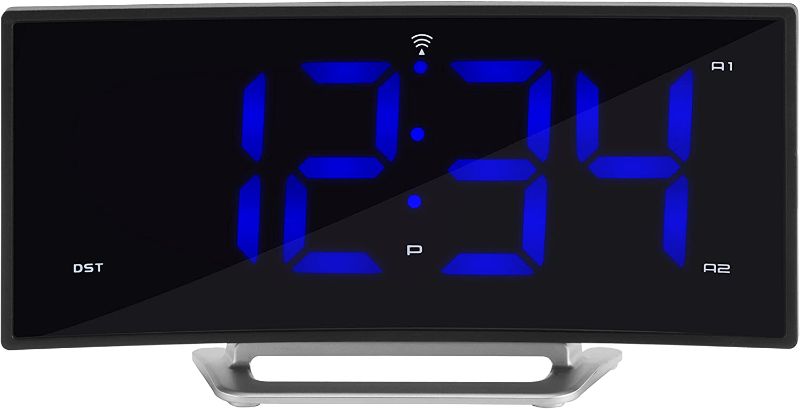 Photo 1 of La Crosse Technology 617-249 1.8" Curved Blue Digital Atomic Dual Alarm Clock, 6.60" L x 1.55" W x 3.45" H, Black
