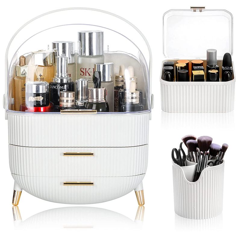Photo 1 of ZOOFOX Makeup Organizer, Waterproof and Dustproof Cosmetics Storage Display Box Case with Lipstick and Makeup Brush Organizer, Portable Handle Skincare Holder for Bathroom Countertop, Desk, Dresser
