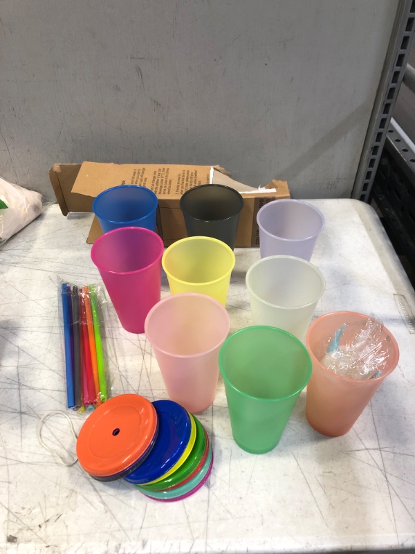 Photo 1 of 9 PC REUSABLE CUPS WITH LIDS AND STRAWS 