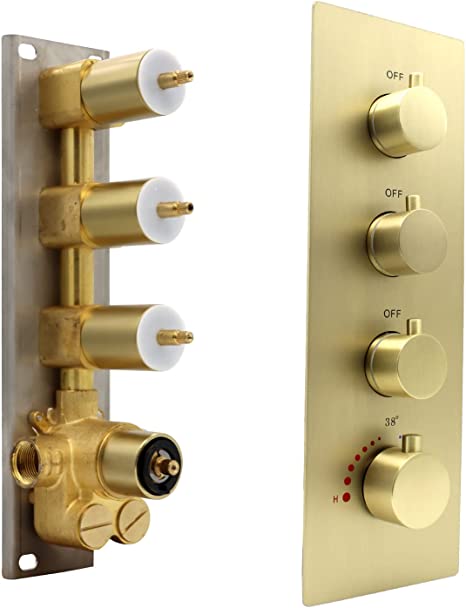 Photo 1 of 3 Function Shower Mixing Valve and Trim, Brushed Gold Three Way Thermostatic Valve Flow Volume Control Vertical Shower Diverter Selector