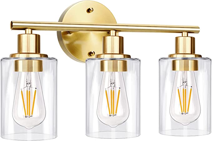 Photo 1 of 3-Light Gold Bathroom Light Fixtures, Modern Bathroom Vanity Light with Clear Glass Shade, Brushed Brass Bath Wall Mount Lights, Wall Lamp for Mirror Kitchen Bedroom Hallway Living Room Hallway
