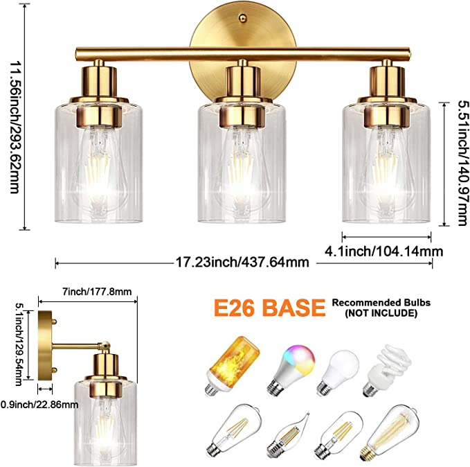 Photo 4 of 3-Light Gold Bathroom Light Fixtures, Modern Bathroom Vanity Light with Clear Glass Shade, Brushed Brass Bath Wall Mount Lights, Wall Lamp for Mirror Kitchen Bedroom Hallway Living Room Hallway
