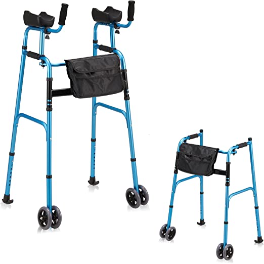Photo 1 of AHB Folding Walker with 4 Wheels and Arm Rest Pad Support 350lbs, Lightweight Standard Walker Height Adjustable Rolling Walker Walking Mobility Aid for Elderly, FDA Certification(Blue)
