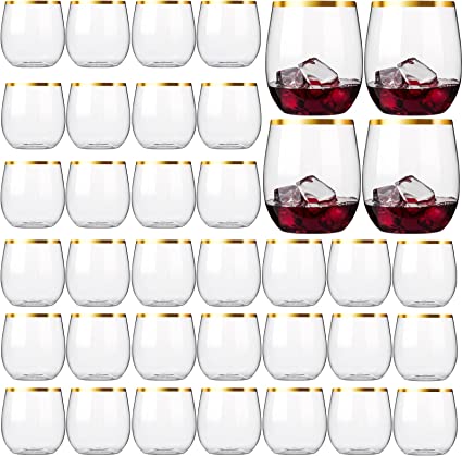 Photo 1 of 32 Pack Disposable Stemless Wine Glasses, 12 OZ Plastic Wine Cups, Eventpartener Gold Rim Unbreakable Wine Glasses, Whiskey Cocktail Glasses, Shatterproof Clear Drinking Glasses for Party, Wedding

