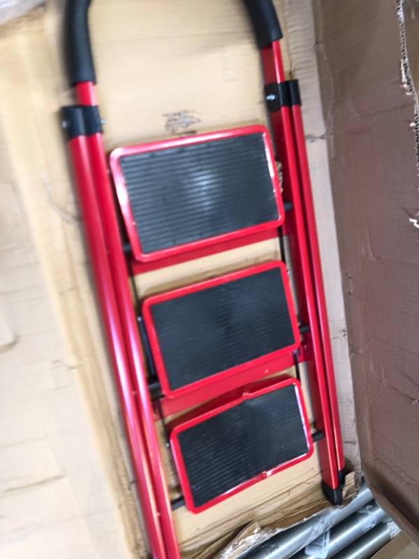 Photo 3 of 3 Step Ladder, Step Ladder 3 Step Folding-3 Step Ladder Folding Step Stool with Anti-Slip Wide Pedal&Convenient Handgrip-600lbs Sturdy Steel Ladder-Reinforcement and Thickening Black Red---MINOR DAMAGED 