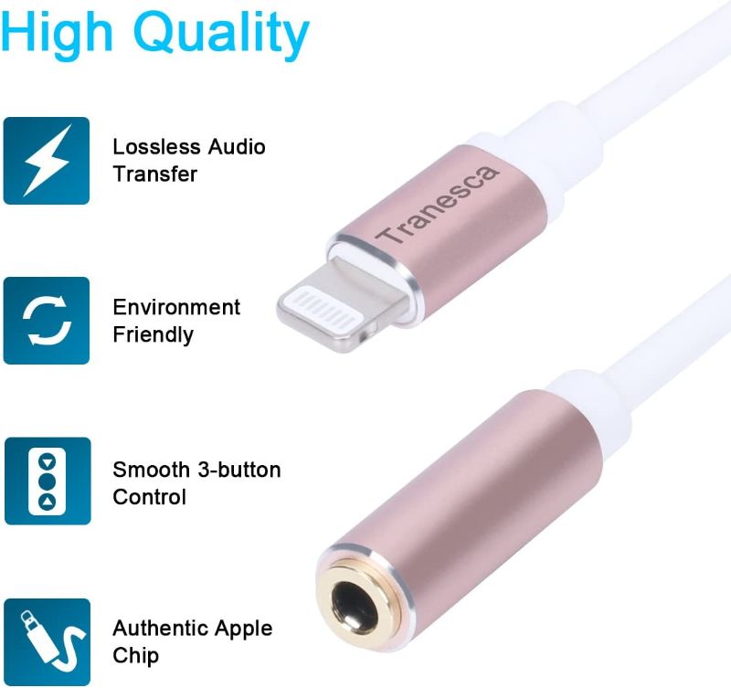 Photo 1 of Tranesca Apple MFI Certified Lightning to 3.5 mm Headphone Jack Adapter Compatible with iPhone 11/X/XR/iPhone 8/8 Plus/iPhone 7/7 Plus and More -Music Control & Calling Function Supported (Rose Gold)-------factory sealed 