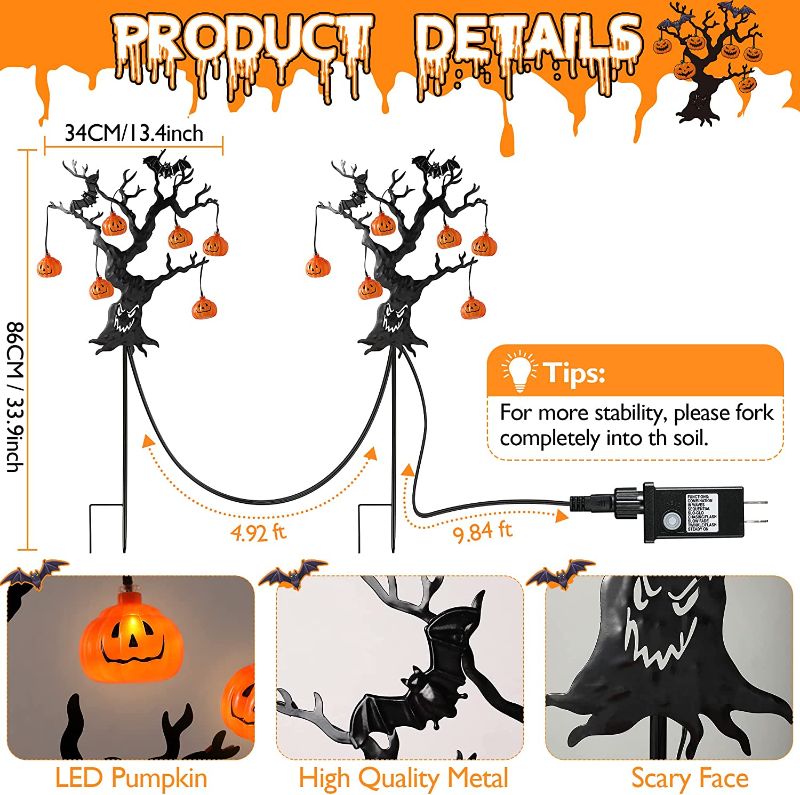 Photo 2 of 2 Pack Halloween Metal Pumpkin Yard Stakes Sign Lights, Halloween Yard Decorations with 6 Pumpkin Lights and 2 Iron Bats with 8 Modes, Halloween Pathway Lights for Lawn Garden Yard, Us Plug----factory sealed 