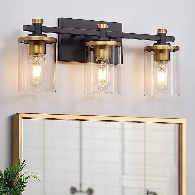 Photo 1 of 3 Light Bathroom Vanity Light Fixtures, Modern Black and Gold Vanity Lights Over Mirror, Vintage Wall Sconce with Clear Glass Shade, Brushed Gold Vanity Lights for Bathroom