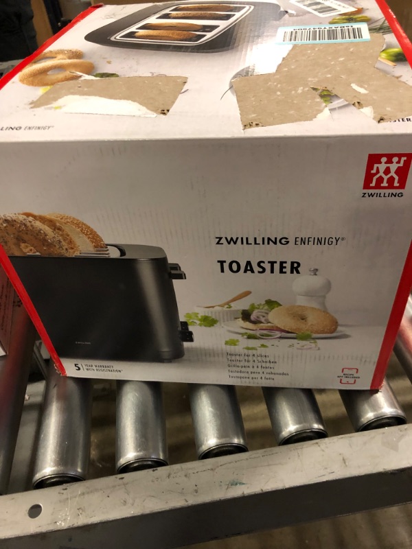 Photo 2 of ZWILLING Enfinigy Cool Touch Toaster 4 Slice with Extra Wide 1.5" Slots for Bagels, 7 Toast Settings, Even Toasting, Reheat, Cancel, Defrost, Black Black 4 slot Cool touch 4 slice Toaster
UNABLE TO TEST