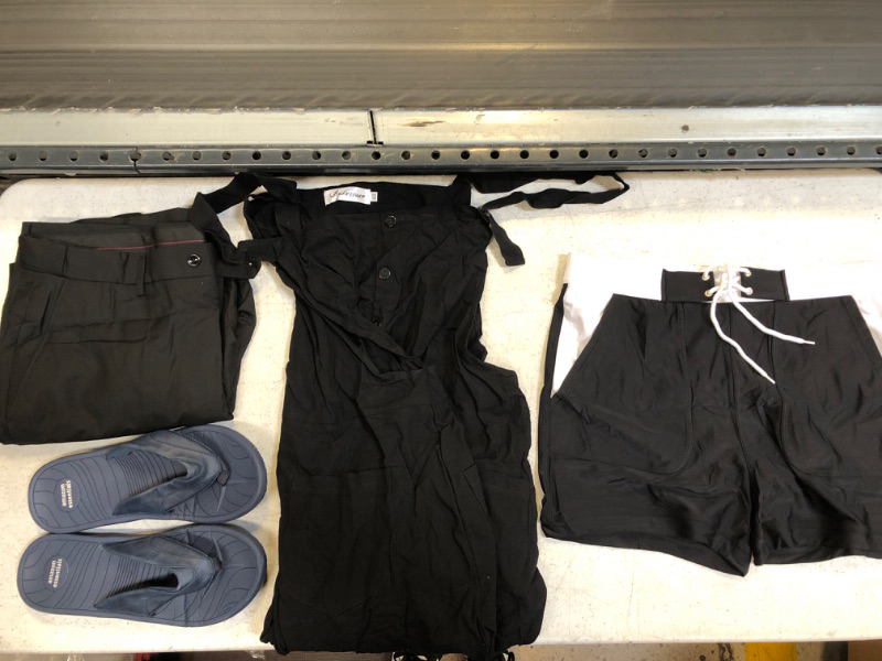 Photo 1 of 4-ITEM CLOTHING/SHOES BUNDLE: BLACK DRESS PANTS 38 W X 30 L; BLACK OVERALLS BUTTON UP SIZE 4XL; BLACK SHORTS 2XL; 1 PAIR BLUE SLIDE SANDALS AMAZON ESSENTIALS SIZE 12