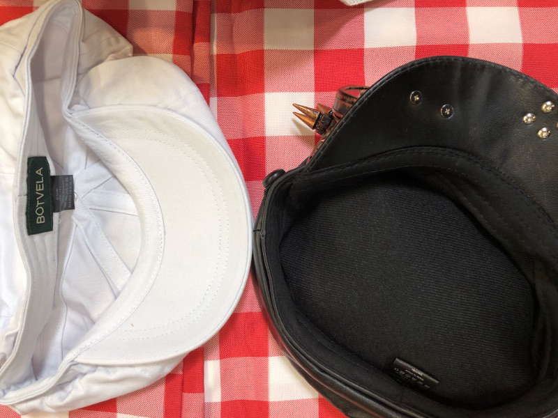 Photo 2 of 4-PC MISC ITEM BAG LOT -- SUMMERTIME: 3 HATS (large foldable white/black hat size 57cm; white botvela cap size 63cm; black sheepskin hat no size); 1 RED AND WHITE CHECKERED PICNIC BLANKET (unknown size)