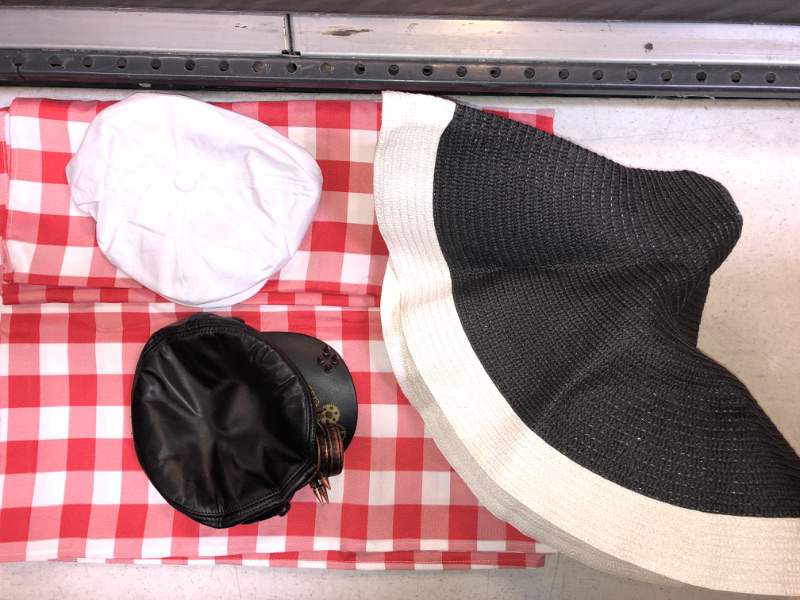 Photo 1 of 4-PC MISC ITEM BAG LOT -- SUMMERTIME: 3 HATS (large foldable white/black hat size 57cm; white botvela cap size 63cm; black sheepskin hat no size); 1 RED AND WHITE CHECKERED PICNIC BLANKET (unknown size)