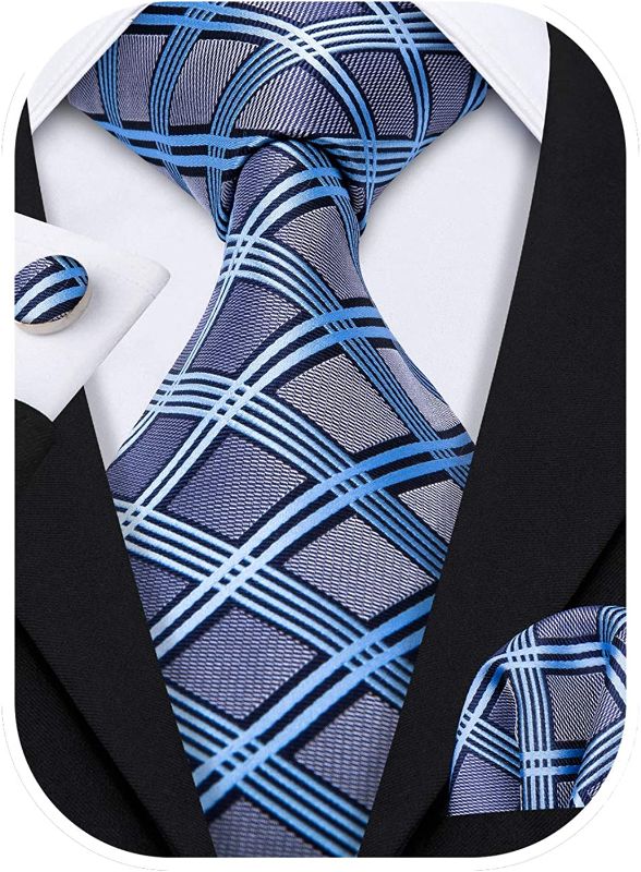 Photo 1 of Barry.Wang Designer Classic Ties for Men Set Formal Pocket Square Cufflink Check Plaid
