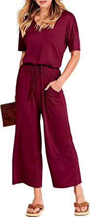 Photo 1 of ANRABESS Women Short Sleeve Summer Casual V Neck Elastic Waist Wide Leg Cropped Pant Jumpsuits Rompers with Pockets M