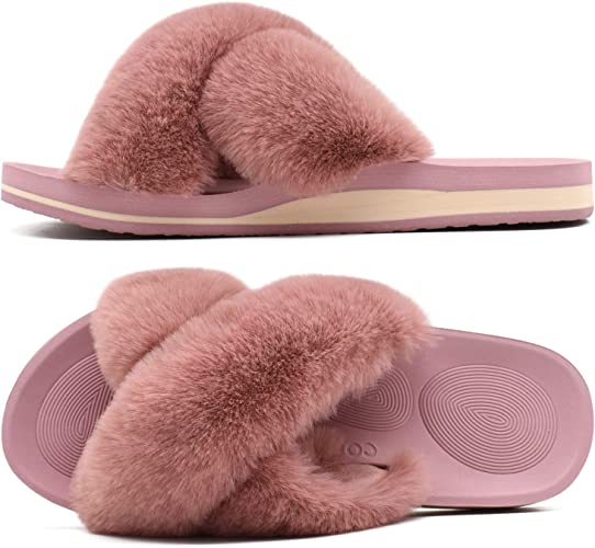 Photo 1 of COFACE Womens Fuzzy Slides Fluffy Faux Fur Cross Slippers Open Toe Yoga Mat House Slippers Sandals With Arch Support For Indoor/Outdoor