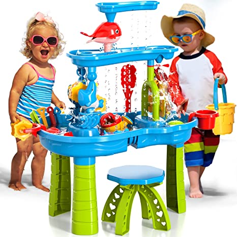 Photo 1 of EPPO 3 Tier Sand and Water Table Toy for Kids, Water Showers Pond Water Table, Kids Water Play Table, Activity Table Summer Outdoor Toy on Beach Backyard for Boys and Girls