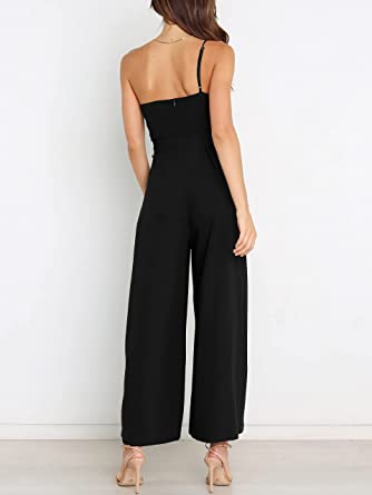 Photo 1 of ANRABESS Women's Summer Dressy One Shoulder Sleeveless Tie Waist Backless Casual Wide Leg Jumpsuit Rompers Pockets L