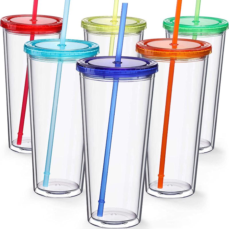 Photo 1 of 32 oz Insulated Travel Tumblers with Lids and Straws 6 Pack - 6 Colors Double Wall Clear Drinking Cups - Reusable Large Plastic Cups for Water, Juice, Iced Coffee and More Hot / Cold Drinks - BPA FREE

