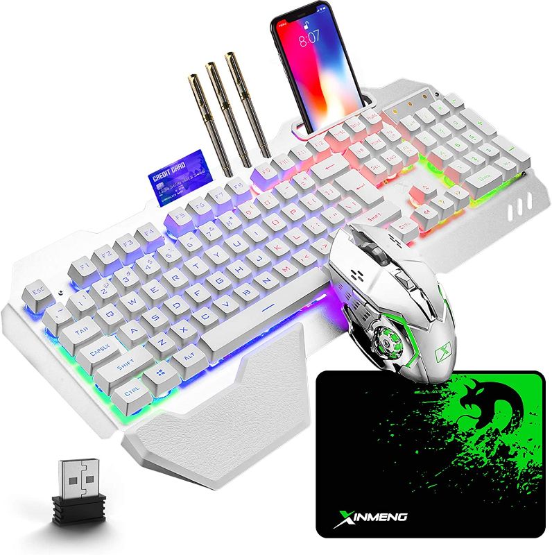 Photo 1 of Wireless Gaming Keyboard and Mouse with Removable Palm Rest Rainbow LED 16RGB Backlit Rechargeable 4800mAh Battery Metal Panel Mechanical Ergonomic Waterproof Dustproof for Laptop PC Gamer(White RGB)
