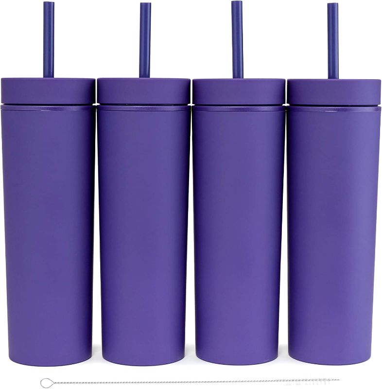 Photo 2 of 16oz Matte Purple/ Sky Blue Colored/Acrylic Tumblers with Lids and Straws | Double Wall Plastic Tumbler With Lid and Straw bulk Cold Reusable Cup