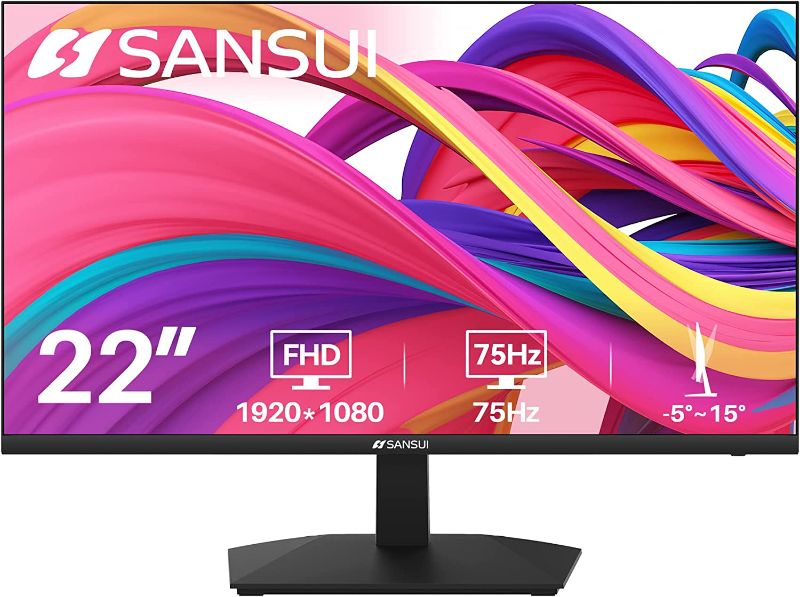 Photo 1 of SANSUI Monitor 22 inch 1080p FHD 75Hz Computer Monitor with HDMI VGA, Ultra-Slim Bezel Ergonomic Tilt Eye Care LED Display for Home Office (ES-22F1 HDMI Cable Included)
