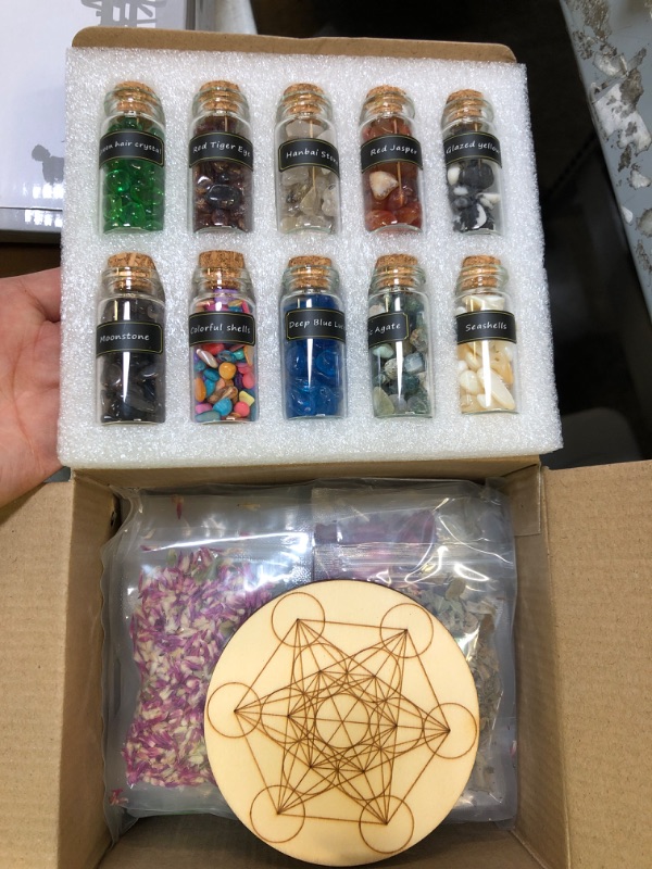 Photo 2 of YIIA Witchcraft Supplies Kit for Wiccan Spells - Wiccan Altar Box of 12 Colored Candles, 12 Dried Herbs and 10 Crystals for Beginners or Witches Spells Supplies, Pagan Decor