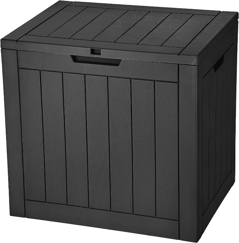 Photo 1 of YITAHOME 30 Gallon Deck Box, Outdoor Storage Box for Patio Furniture, Pool Accessories, Cushions, Garden Tools and Outdoor, Waterproof Resin with Lockable Lid and Side Handles (Black)
