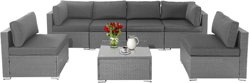 Photo 1 of SUNCROWN Outdoor Patio Furniture Set 7 Piece Outdoor Sectional Sofa Grey Wicker Conversation Sofa Set with Coffee Table and Cushions
 MISSING 1/ 3 BOXES--**
RED AND GREY ITS NOT ALL GREY******