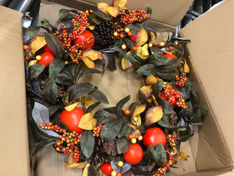 Photo 2 of 26in. Autumn Persimmon and Pinecones Artificial Fall Wreath