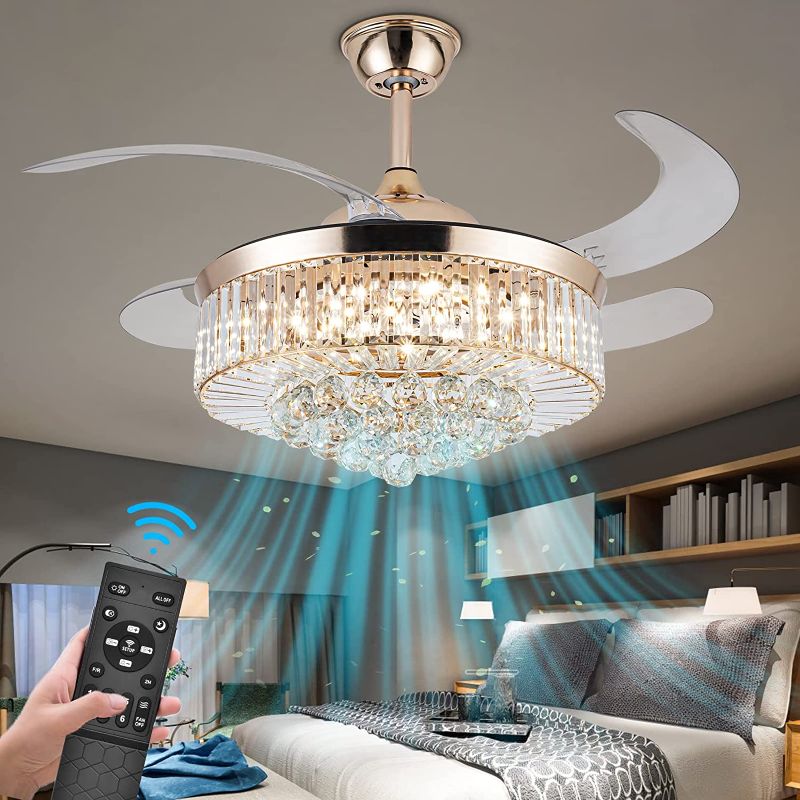 Photo 1 of 42 Inch Crystal Ceiling Fans with Lights, Modern Dimmable Fandelier LED Remote Control Retractable Invisible Blades Indoor Reversible Ceiling Light Kits with Fans for Decorate Living Room Bedroom