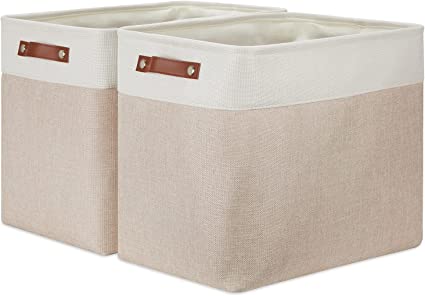 Photo 1 of 2-Pack Large Storage Baskets for Organizing 50L Canvas Fabric Storage Basket Bins With Leather Handles for Shelf Clothes Empty Gift Basket (White&Khaki)