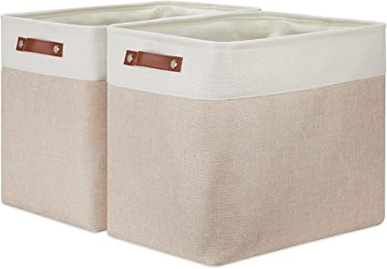 Photo 1 of 2-Pack Large Storage Baskets for Organizing Canvas Fabric Storage Basket Bins With Leather Handles for Shelf Clothes Empty Gift Basket (White&Khaki)