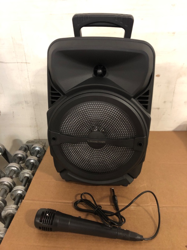 Photo 2 of Sound Town 8-inch 2-Way Portable PA Speaker with Built-in Rechargeable Battery, 1 Wired Mic, Bluetooth, USB, SD Card Reader, LED Light (OPIK-8PS)