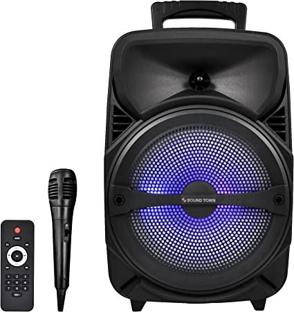 Photo 1 of Sound Town 8-inch 2-Way Portable PA Speaker with Built-in Rechargeable Battery, 1 Wired Mic, Bluetooth, USB, SD Card Reader, LED Light (OPIK-8PS)