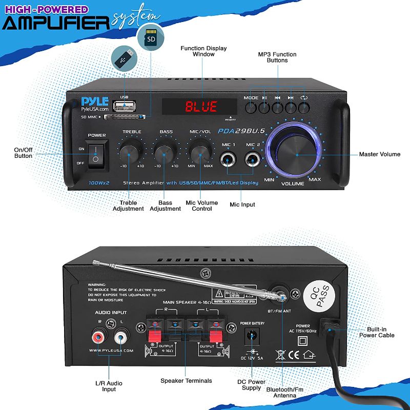 Photo 1 of Pyle Wireless Bluetooth Stereo Power Amplifier - 200W Dual Channel Sound Audio Stereo Receiver w/RCA, USB, SD, MIC in, FM Radio, for Home Computer via RCA - PDA29BU.5